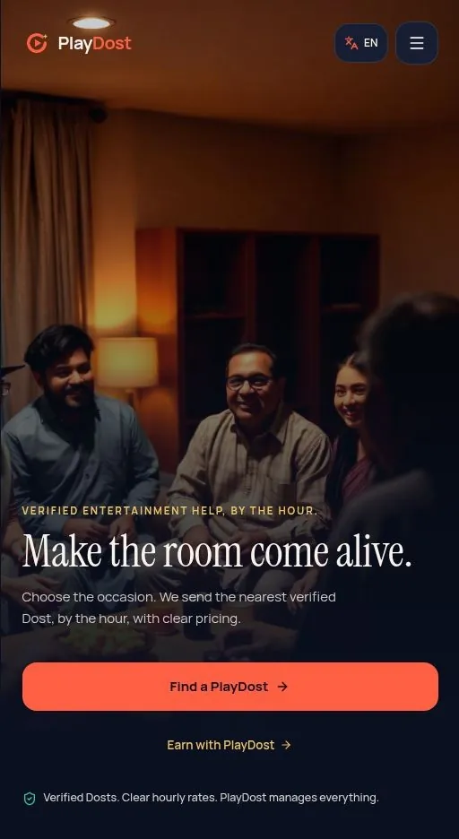 PlayDost mobile home screen — make the room come alive