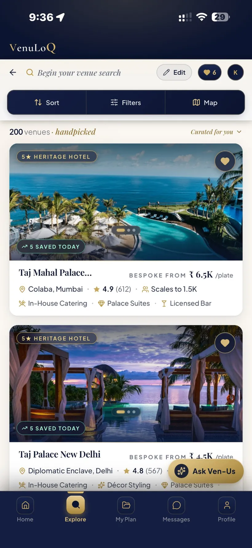 VenuLoQ mobile app venue results screen with handpicked venues