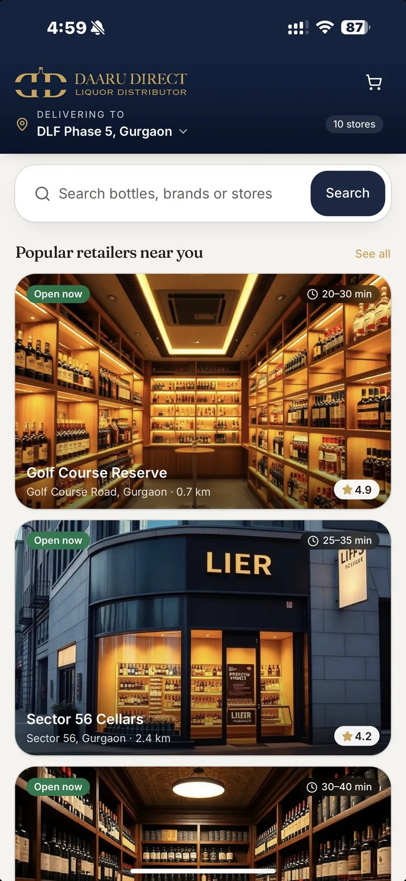 Daaru Direct mobile app screen — popular retailers near you