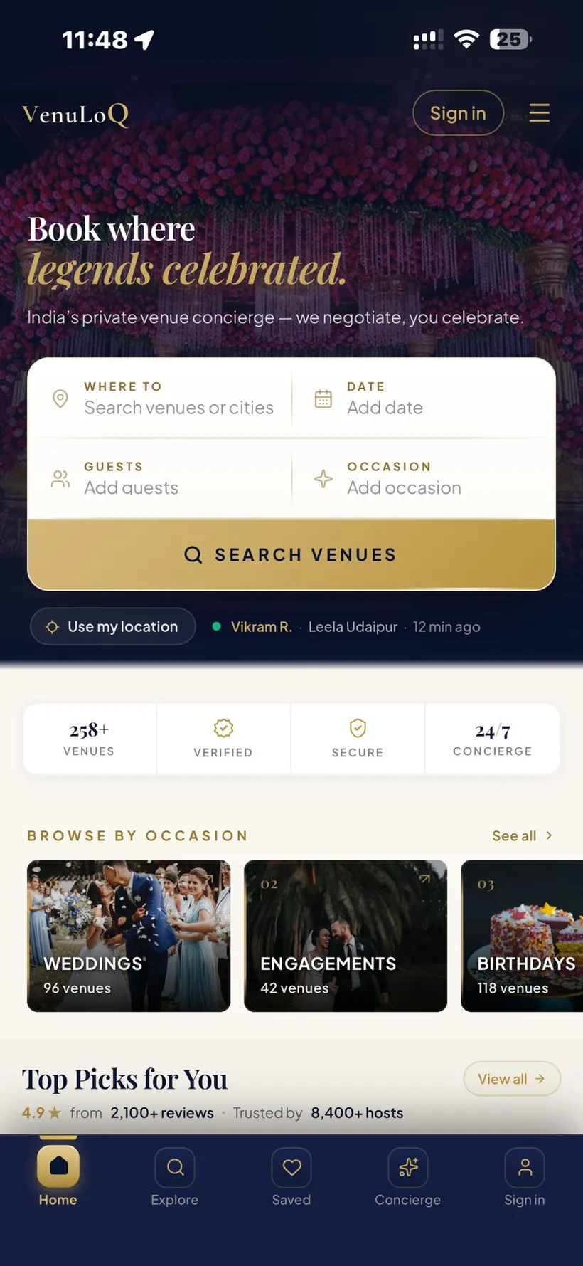 VenuLoQ mobile app home screen — book where legends celebrated